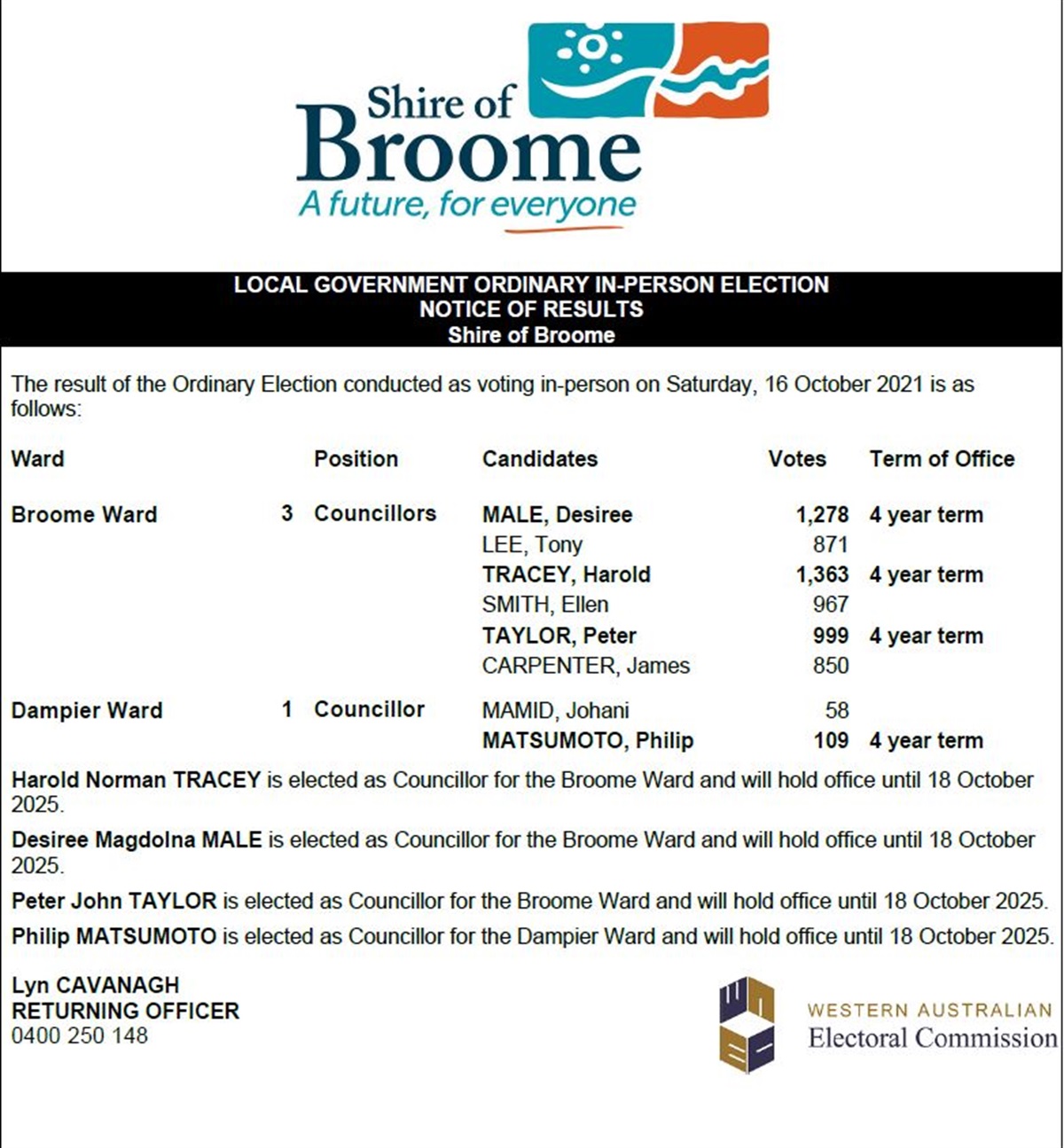 Shire of Broome election Notice of results Shire of Broome